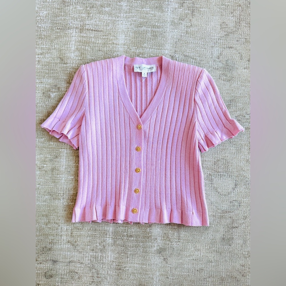 Cropped St. John collection blush pink ribbed knit cardigan flounce sweater sz 2